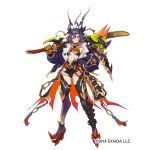  1girl black_hair blonde_hair blonde_streaks breasts bright_pupils character_request copyright_notice copyright_request fingerless_gloves gloves highres holding holding_sword holding_weapon linea_alba multicolored_hair open-toe_boots over_shoulder pink_eyes red_gloves serrated_blade smile solo streaked_hair sword tassel weapon weapon_over_shoulder white_background white_pupils z-ton 