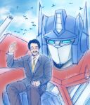  2boys autobot black_hair blue_eyes closed_eyes cloud cloudy_sky commentary dress_shirt english_commentary flock hand_up in_memoriam multiple_boys necktie optimus_prime peter_cullen shirt sitting_on_hand sky suit transformers voice_actor_connection vyr_ebichou yellow_necktie 