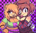  2girls blush bracelet breasts checkered_background choker cleavage crop_top earrings garfield garfield_(character) hair_over_one_eye hand_on_hip jewelry looking_at_viewer midriff moozua multiple_girls odie_(garfield) open_mouth skirt tongue tongue_out 