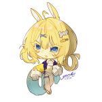  1girl ahoge animal_ears bikini blonde_hair blue_eyes carrot_hair_ornament chibi commentary_request folded_twintails food-themed_hair_ornament full_body hair_ornament heart heart_ahoge highres indie_virtual_youtuber ki_norii open_mouth rabbit_ears rabbit_girl sandals simple_background solo swimsuit virtual_youtuber white_background white_bikini x_hair_ornament yenko_(vtuber) 