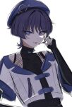  1boy :p alternate_costume arm_at_side beret black_gloves black_shirt blunt_ends bright_pupils choppy_bangs commentary_request covered_collarbone cropped_jacket elbow_gloves eyeliner fingerless_gloves fishnet_top fishnets fugetsu_byakuya genshin_impact gloves hair_intakes hand_up hat headset highres hoyofair idol jacket lapels looking_at_viewer makeup male_focus notched_lapels purple_eyes purple_hair purple_hat red_eyeliner scaramouche_(genshin_impact) shirt short_sleeves sketch solo spaghetti_strap sweat tongue tongue_out tsurime turtleneck turtleneck_shirt undershirt wanderer_(genshin_impact) wanderer_(truth_&amp;_justice)_(genshin_impact) white_background white_jacket white_pupils white_sleeves 