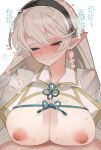  1boy 1girl after_paizuri alternate_breast_size_(larger) blush breasts commentary_request couple cum cum_on_body cum_on_breasts female_corrin_(fire_emblem) female_corrin_(hoshido_noble)_(fire_emblem) fire_emblem fire_emblem_fates hetero highres huge_breasts inseki long_hair nipples official_alternate_costume open_mouth paizuri penis pointy_ears red_eyes sirokma0930 solo_focus takumi_(fire_emblem) 
