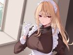  1girl absurdres blonde_hair breasts brown_dress cigarette dress gloves highres hizuki_higure holding holding_cigarette large_breasts long_hair long_sleeves looking_at_viewer maid maid_headdress original parted_lips red_eyes smoking solo steam v-shaped_eyebrows voice_drama_available white_gloves window 