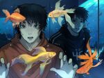  2boys afraid_of_monsters aquarium beard_stubble black_eyes black_gloves black_hair black_hoodie creator_connection crossover cry_of_fear david_leatherhoff dekideki03 facial_hair fingerless_gloves fish gloves goldfish grin highres hood hood_down hoodie koi male_focus multiple_boys open_mouth orange_hoodie print_hoodie short_hair simon_henriksson smile stubble teeth upper_teeth_only 