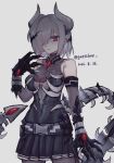  1girl arm_at_side armpit_crease assault_lily bare_shoulders belt black_belt black_gloves black_shirt black_skirt breasts chinese_commentary clawed_gloves closed_mouth collarbone commentary_request covered_collarbone cowboy_shot dated demon_horns detached_sleeves gatti_love gloves grey_background grey_hair grey_horns grey_pantyhose grey_shirt hair_over_one_eye hand_up highres horns looking_at_viewer mechanical_tail medium_breasts miniskirt multicolored_eyes one_eye_covered pantyhose pleated_skirt purple_eyes red_eyes red_pupils see-through_cleavage see-through_clothes sekino_youko shirt short_hair simple_background skirt sleeveless sleeveless_shirt solo standing tail twitter_username two-tone_eyes two-tone_shirt 