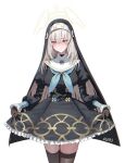  1girl a5235 black_gloves blue_archive blush breasts clothes_lift commentary crossed_bangs dress dress_lift gloves grey_hair hair_between_eyes halo highres large_breasts long_hair long_sleeves nun nun_headdress purple_eyes sakurako_(blue_archive) solo standing thighhighs very_long_hair yellow_halo 