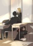  1boy 2girls bag black_bag black_hair black_skirt brown_hair chair classroom commentary_request desk fujiyama gakuran hiding highres indoors long_hair medium_hair multiple_girls no_mouth original red_scarf scarf school_bag school_chair school_desk school_uniform seiza short_hair sitting sketch skirt 