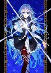  1girl asymmetrical_legwear blue_eyes blue_necktie capelet closed_mouth commentary_request cover cover_page highres leg_ribbon long_hair long_sleeves looking_at_viewer majo_ni_kubiwa_wa_tsukerarenai makueimoon manga_cover miseria_(majokubi) necktie official_art ribbon smile solo textless_cover_page very_long_hair white_hair white_ribbon 
