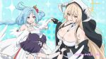  3girls aqua_eyes azur_lane azur_lane:_slow_ahead black_gloves blonde_hair blue_hair breasts cleavage commentary_request cone_hair_bun crown detached_sleeves double_bun dress elbow_gloves end_card fake_horns gloves hair_bun hat highres horns huge_breasts implacable_(azur_lane) janus_(azur_lane) jervis_(azur_lane) long_hair low_twintails mini_crown multiple_girls nun nurse_cap official_art open_mouth orange_eyes purple_hair short_hair sparkle tilted_headwear twintails very_long_hair white_dress white_gloves white_sleeves 