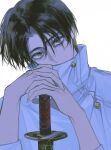  1boy black_hair commentary grey_eyes highres holding holding_sword holding_weapon jujutsu_kaisen jujutsu_tech_uniform loveiswhim okkotsu_yuta short_hair simple_background solo sword untranslatable_commentary weapon white_background 