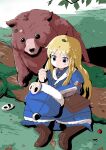  1girl armor bag bear blonde_hair blue_coat boots brown_bag brown_boots buttons character_hat_ornament coat commentary_request fur-trimmed_coat fur-trimmed_headwear fur_trim grass gunner_(sekaiju) gunner_2_(sekaiju) hand_up hat hoku holding holding_unworn_clothes holding_unworn_hat jack_frost_(megami_tensei) kuma_(persona_4) long_hair looking_down outdoors pet_(sekaiju) pet_2_(sekaiju) sekaiju_no_meikyuu sekaiju_no_meikyuu_2 sewing sitting unworn_hat unworn_headwear 