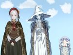  3girls bloodborne blue_eyes blue_hair blue_skin coat colored_skin commentary crossover doll doll_joints elden_ring extra_arms fingerless_gloves gloves green_eyes hat highres joints lazzyman long_hair meme multiple_girls pale_skin plain_doll ranni_the_witch revenant_(elden_ring) size_difference tall_female trait_connection white_hair 