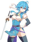  1girl absurdres ahoge armor belt blue_hair blue_tunic breastplate brooch commission commissioner_upload fire_emblem fire_emblem:_genealogy_of_the_holy_war gloves gloves_over_elbow_gloves hand_on_own_hip headband highres holding holding_sword holding_weapon jewelry kesseil looking_at_viewer original pelvic_curtain popped_collar purple_eyes sash selia_(mrtalkingdino) short_hair shoulder_armor sidelocks skeb_commission sleeveless smile solo standing sword thighhighs tunic weapon white_background white_headband 