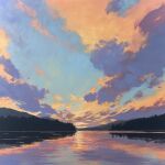  acrylic_paint_(medium) colorful_clouds commentary english_commentary evening forest horizon jimmusilpainter lake landscape nature no_humans original outdoors painting_(medium) real_world_location reflection reflective_liquid scenery traditional_media united_states water 
