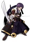  1girl armor blue_hair blue_hakama boots brown_boots brown_gloves commentary_request gloves hair_between_eyes hair_ornament hakama hakama_skirt highres hoku holding holding_sword holding_weapon japanese_armor japanese_clothes kimono legs_apart long_hair looking_at_viewer low_ponytail parted_lips ponytail scabbard sekaiju_no_meikyuu sekaiju_no_meikyuu_3 sheath shogun_(sekaiju) shogun_4_(sekaiju) shoulder_armor simple_background skirt sode solo sword very_long_hair weapon white_background white_kimono 