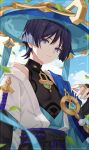  1boy absurdres anemo_symbol_(genshin_impact) arm_at_side armor bishounen black_bodysuit black_bow black_bridal_gauntlets black_hair black_shorts blue_cape blue_gem blue_hat blue_jingasa blue_kimono blue_sky blue_sleeves blunt_ends bodysuit bow bridal_gauntlets bright_pupils cape choppy_bangs closed_mouth clothing_cutout cloud cloudy_sky commentary_request covered_collarbone expressionless falling_leaves feathers gem genshin_impact gold gold_ring hakama hakama_shorts hand_up hat highres hip_vent japanese_armor japanese_clothes jingasa juban kimono kote kurokote layered_sleeves leaf looking_at_viewer male_focus mandala mandarin_collar middle_ring open_clothes open_kimono pleated_shorts pom_pom_(clothes) purple_eyes purple_rope purple_sash rope saekiya_sabou sash scaramouche_(genshin_impact) short_sleeves shorts side_cape single_bare_shoulder single_off_shoulder sky solo tsurime upper_body wanderer_(genshin_impact) white_kimono white_pupils white_sleeves white_trim wolf_cut yellow_feathers 