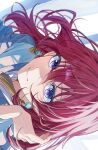  1girl absurdres akatsuki_no_yona blue_dress closed_mouth commentary dress earrings hand_in_own_hair highres jewelry light_smile long_hair looking_at_viewer mahiru_yura purple_eyes red_hair sideways smile solo tassel tassel_earrings upper_body yona_(akatsuki_no_yona) 