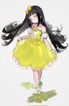  1girl bare_shoulders black_hair bow breasts choker closed_mouth collarbone detached_sleeves dress expressionless footwear_bow full_body green_bow green_choker hair_bow head_tilt highres himitsu_no_aipri holding_own_dress long_hair looking_at_viewer pretty_series puffy_detached_sleeves puffy_sleeves shoes small_breasts socks solo standing strapless strapless_dress suzukaze_tsumugi very_long_hair white_sleeves white_socks white_wrist_cuffs wrist_cuffs yellow_bow yellow_dress yellow_eyes yellow_shoes yuuli_(tuna221022) 
