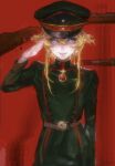  1girl belt blonde_hair blue_eyes buttons commentary cowboy_shot double-breasted gem hat high_collar highres jacket long_sidelocks looking_at_viewer military military_jacket military_uniform qiaoao33 red_background red_gem salute shoulder_boards sidelocks soldier solo standing tanya_degurechaff untranslatable_commentary youjo_senki 
