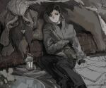  1boy :| animal arm_across_waist black_gloves black_hair blank_stare closed_mouth cry_of_fear dog fingerless_gloves gloves grey_hoodie hood hood_up hoodie lantern looking_to_the_side male_focus short_hair si_tou simon_henriksson sitting 