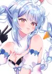  1girl absurdres animal_ear_fluff animal_ears black_gloves blue_hair blush braid breasts carrot_hair_ornament cleavage closed_mouth commentary_request don-chan_(usada_pekora) dress food-themed_hair_ornament gloves hair_ornament highres hololive leotard leotard_under_clothes looking_at_viewer medium_breasts orange_eyes rabbit-shaped_pupils rabbit_ears rabbit_girl short_eyebrows symbol-shaped_pupils twin_braids usada_pekora usada_pekora_(1st_costume) user_nkum4425 virtual_youtuber white_dress white_hair 