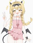  1girl absurdres ahoge black_bow black_horns black_tail black_wings blonde_hair blue_archive bow braid commentary demon_tail demon_wings flat_chest halo highres horns ibuki_(blue_archive) ibuki_(swimsuit)_(blue_archive) one-piece_swimsuit pink_one-piece_swimsuit pointy_ears prosciutto_7 swimsuit tail twin_braids white_background wings yellow_eyes yellow_halo 