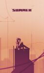  1girl building commentary english_commentary english_text full_body gradient_sky highres long_hair looking_at_viewer notaxuaxi orange_theme original outstretched_leg power_lines scenery sitting sky skyline solo utility_pole 