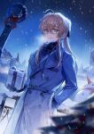  1boy absurdres ahoge backlighting belt black_gloves blonde_hair blue_coat blurry blurry_foreground chinese_commentary christmas coat commentary_request cowboy_shot cross cross_necklace degrees_of_lewdity double-parted_bangs fence gift glasses gloves hair_between_eyes hair_intakes hand_in_pocket high-waist_belt highres holding holding_gift jewelry lapels long_hair long_sidelocks long_sleeves longyu looking_at_viewer male_focus necklace night notched_lapels outdoors ponytail rectangular_eyewear sidelocks smile snowing snowman solo sydney_(degrees_of_lewdity) sydney_(male)_(degrees_of_lewdity) winter yellow_eyes 