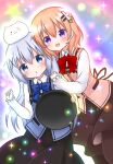  2girls :d :o angora_rabbit animal_on_head aura black_pantyhose blue_bow blue_eyes blue_hair blue_vest bow bowtie collared_shirt commentary_request cosmic_(nights77) flower gochuumon_wa_usagi_desu_ka? hair_flower hair_ornament hairclip hand_up heads_together highres holding holding_tray hoto_cocoa kafuu_chino long_hair long_skirt long_sleeves looking_at_viewer medium_hair multiple_girls on_head orange_hair pantyhose parallel_hairclips pink_flower pink_vest purple_eyes rabbit rabbit_house_uniform rabbit_on_head red_bow red_bowtie shirt skirt smile sparkle star_(symbol) tareme tippy_(gochiusa) tray vest waitress white_shirt wing_collar winter_uniform x_hair_ornament yuri 