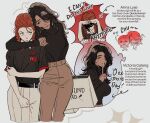 2girls bag black_eyes black_shirt braid breasts brown_eyes brown_hair brown_pants chibi collared_shirt commentary curly_hair dark-skinned_female dark_skin english_text freckles kiss long_hair looking_at_another multiple_girls multiple_views original pankepen pants red_hair reference_sheet shirt shopping_bag short_sleeves smile turtleneck twin_braids upper_body white_pants yuri 