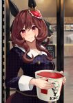  1girl animal_ears black_shirt braid brown_hair bucket_of_chicken closed_mouth commentary_request door ear_covers gentildonna_(casual)_(umamusume) gentildonna_(umamusume) glass_door highres horse_ears horse_girl houndstooth kfc long_hair long_sleeves looking_at_viewer purple_eyes restaurant shiro3necro shirt smile solo umamusume 