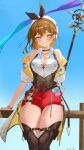  1girl arm_behind_back artist_name atelier_(series) atelier_ryza atelier_ryza_3 belt black_belt black_thighhighs blue_background breasts brown_eyes brown_hair choker cleavage collarbone commentary gradient_background hat highres konchi_(63438789) large_breasts long_hair looking_at_viewer mage_staff potion red_shorts reisalin_stout shirt shorts smile solo staff star_(symbol) star_choker thick_thighs thigh_belt thigh_strap thighhighs thighs white_hat white_shirt 