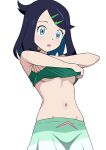  1girl black_hair blue_eyes blush breasts clothes_pull commentary_request cowlick hair_ornament hairclip highres holding liko_(pokemon) looking_at_viewer multicolored_hair navel open_mouth pokemon pokemon_(anime) pokemon_horizons pulling_own_clothes ryo4423 simple_background solo stomach underboob underwear undressing white_background 