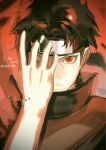  1017gomo9 1boy bad_anatomy bad_hands black_hair bleeding blood blood_from_eyes closed_mouth commentary_request forehead_protector hand_over_eye highres konohagakure_symbol looking_at_viewer male_focus naruto_(series) naruto_shippuuden one_eye_closed sharingan short_hair solo straight-on twitter_username uchiha_shisui 