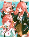  1girl :< :o alternate_hair_length_(longer) alternate_hairstyle black_bow black_shirt blush blush_stickers bow breasts brown_skirt danganronpa_(series) danganronpa_2:_goodbye_despair dress_shirt green_background hair_bow hair_ornament heart highres hinata_hajime hlam126 jacket komaeda_nagito large_breasts medium_hair multiple_views nanami_chiaki neck_ribbon open_clothes open_jacket orange_bow pink_eyes pink_hair pink_ribbon pleated_skirt ponytail ribbon shirt shirt_tucked_in skirt solo teeth upper_teeth_only white_shirt zettai_ryouiki 