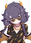  1girl 9-san absurdres ahoge arms_behind_back black_ears black_hair black_shirt closed_mouth collarbone collared_shirt commentary_request dragon_ears dragon_girl dragon_horns dragon_wings earrings english_commentary flat_chest gold_necklace gold_shirt head_tilt heart heart-shaped_eyewear highres horns jewelry kidian_(trickcal) korean_commentary looking_at_viewer mixed-language_commentary necklace partially_unbuttoned pointy_ears shirt simple_background smile solo standing sunglasses trickcal two-tone_shirt upper_body white_background wings 
