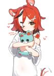  1girl absurdres aged_down animal_ear_fluff animal_ears animal_on_shoulder artist_self-insert black_eyes black_hair black_streaks breasts chocosong commentary hair_ornament hairclip hakos_baelz heart highres holding holding_stuffed_toy hololive hololive_english i_found_me_(hakos_baelz) looking_at_viewer motion_lines mouse_ears mouse_on_shoulder mouse_tail mr._squeaks_(hakos_baelz) multicolored_hair off_shoulder official_alternate_costume one_eye_closed oversized_clothes oversized_shirt red_hair shirt standing streaked_hair stuffed_animal stuffed_toy tail tail_wagging teddy_bear virtual_youtuber white_background white_hair white_shirt 