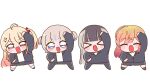  >_< 4girls :3 :d arm_up black_hair black_jacket black_pants black_shoes black_shorts blonde_hair blue_eyes blunt_bangs blush_stickers chibi chibi_only closed_eyes commentary dot_nose double-parted_bangs facing_viewer full_body grey_hair hair_ornament highres hololive hololive_dev_is ichijou_ririka jacket juufuutei_raden long_hair long_sleeves looking_at_viewer milk_tipo multicolored_hair multiple_girls musical_note musical_note_hair_ornament open_clothes open_jacket open_mouth otonose_kanade pants purple_streaks red_eyes regloss_(hololive) shirt shoes short_hair shorts simple_background sleeves_past_wrists smile socks standing streaked_hair todoroki_hajime track_pants track_suit two-tone_hair two_side_up very_long_hair virtual_youtuber white_background white_shirt white_socks x3 xd 
