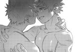  2boys adam's_apple bakugou_katsuki boku_no_hero_academia closed_mouth commentary face-to-face fingernails freckles greyscale hands_on_another's_neck highres male_focus midoriya_izuku monochrome multiple_boys nude parted_lips short_hair simple_background spiked_hair teeth tinh_daubuoi upper_body white_background yaoi 