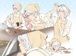  1boy alternate_costume apron bag blue_background chibi chibi_inset chocolate closed_mouth death_note dress_shirt egg_carton food highres holding holding_chocolate holding_food male_focus near_(death_note) one_eye_closed plastic_bag shirt short_hair simple_background tinh_daubuoi white_hair white_shirt writing 