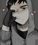  1boy black_eyes black_gloves black_hair black_shirt cry_of_fear fingerless_gloves gloves grey_hoodie half-heart_hands hand_up highres hood hood_up hoodie long_sleeves male_focus shirt short_hair si_tou simon_henriksson solo tears 