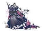  1girl 2026 black_dress bracelet cape chalice closed_mouth commentary_request commission cup dress frilled_dress frills full_body gem gloves grey_eyes grey_hair highres holding holding_staff jewelry long_hair long_sleeves multiple_necklaces necklace original pearl_necklace puffy_long_sleeves puffy_sleeves red_cape red_gem sample_watermark simple_background solo staff standing sword tiara very_long_hair watermark weapon white_background yun_(outsidey) 