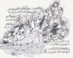  1girl ^_^ alternate_costume animal_ears anko_(gochiusa) bonnet branch carousel chopin_in_cup closed_eyes commentary_request dress floppy_ears frilled_dress frills gochuumon_wa_usagi_desu_ka? gown greyscale hairband hand_up highres horse kirima_syaro kneehighs lolita_fashion lolita_hairband looking_at_viewer lop_rabbit_ears monochrome musical_note_background on_swing orb rabbit_ears sheet_music shirt skirt socks solo_focus swing traumerei_(robert_schumann) victorian wild_geese 