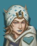  1boy absurdres beanie blue_background blue_eyes blue_lips brown_hair commentary english_commentary hair_horns hat heart heart_ornament highres hood hood_down hoodie horse_print horseshoe_hat_ornament horseshoe_ornament johnny_joestar jojo_no_kimyou_na_bouken makeup male_focus medium_hair rhemie shadow simple_background solo star_(symbol) star_print steel_ball_run white_hat white_hoodie 
