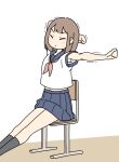  1girl armpits black_socks blue_sailor_collar blue_skirt blush brown_hair chair closed_eyes closed_mouth commentary_request feet_out_of_frame juukyuu midriff navel neckerchief on_chair original pink_neckerchief pleated_skirt sailor_collar school_uniform serafuku shirt short_sleeves sitting skirt socks solo stretching trembling white_background white_shirt 