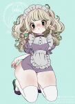  1girl animal_ears apron blonde_hair blue_background commentary dress earrings frilled_apron frilled_hairband frills hairband highres jewelry kneeling long_hair looking_at_viewer maid maid_apron maid_headdress original puffy_short_sleeves puffy_sleeves purple_dress short_dress short_sleeves solo stud_earrings thick_thighs thighhighs thighs tonoko_(annin_tono) untranslatable_commentary white_apron white_thighhighs 