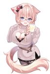  1girl :d alcohol animal_ear_fluff animal_ears beer braid breasts brown_pantyhose brown_sweater chitetan cleavage cleavage_cutout clothing_cutout commentary_request copyright_request cup dress hair_over_shoulder hands_up heart heart_cutout heart_o-ring holding holding_cup large_breasts long_hair long_sleeves mug o-ring pantyhose puffy_long_sleeves puffy_sleeves simple_background sleeves_past_wrists smile solo sweater sweater_dress tail thigh_strap turtleneck turtleneck_sweater virtual_youtuber white_background 