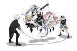  2boys 3girls arm_up black_shoes blonde_hair closed_eyes commentary doll_(morimens) grey_hair grey_hat hat highres holding holding_jump_rope jump_rope jump_rope_template_(meme) jumping knees_up long_hair lotan_(morimens) male_keeper_(morimens) meme monocle morimens multiple_boys multiple_girls ogier_(morimens) pink_eyes pink_hair ramona_(morimens) shoes simple_background white_background white_hair zio_444 