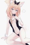  1girl absurdres animal_ear_fluff animal_ear_hairband animal_ears bare_shoulders black_leotard blue_archive blue_eyes blush bow bowtie braid breasts cat_ears cat_girl cleavage closed_mouth commentary_request covered_navel detached_collar embarrassed fake_animal_ears fake_tail hair_between_eyes hair_over_shoulder hairband halo highleg highleg_leotard highres leotard long_hair looking_at_viewer mari_(blue_archive) navel nontraditional_playboy_bunny orange_hair playboy_bunny rabbit_ear_hairband rabbit_ears rabbit_tail rucaco single_braid sitting small_breasts solo speech_bubble spoken_blush strapless strapless_leotard tail translucent_bunnysuit white_wrist_cuffs wrist_cuffs yellow_halo yokozuwari 