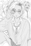  1girl 2boys :o absurdres adjusting_eyewear bad_anatomy bad_hands between_legs blush cardigan cat commentary_request cowboy_shot curtained_hair dark-skinned_female dark_skin doodle_inset earrings eyelashes eyeshadow fingernails glasses greyscale grim_(twisted_wonderland) gyaru hair_ornament hair_scrunchie hand_between_own_legs hand_up heart high_side_ponytail highres hoop_earrings jamil_viper jewelry kalim_al-asim kinu_(konoyoha_mtgi) kogal lipgloss long_fingernails long_hair long_sleeves looking_at_viewer loose_necktie loose_socks makeup monochrome multicolored_hair multiple_boys multiple_views necklace necktie open_mouth oujou_yuuna parted_bangs parted_hair partially_unbuttoned raised_eyebrows roots_(hair) round_eyewear scrunchie side_ponytail sketch skirt sleeves_rolled_up small_sweatdrop socks solo_focus sparkle translation_request twisted_wonderland wavy_hair white_background yuu_(twisted_wonderland) 